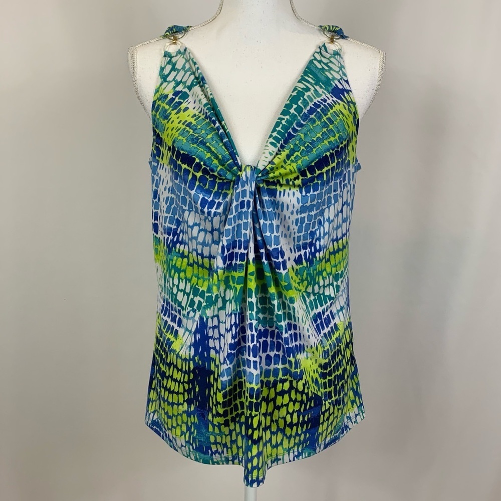 Michael Kors Twist Front Blue Green Pattern Top Size Large